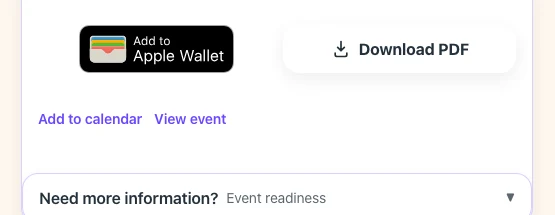 MyEventLane ticket actions showing Add to Apple Wallet and Download PDF controls.