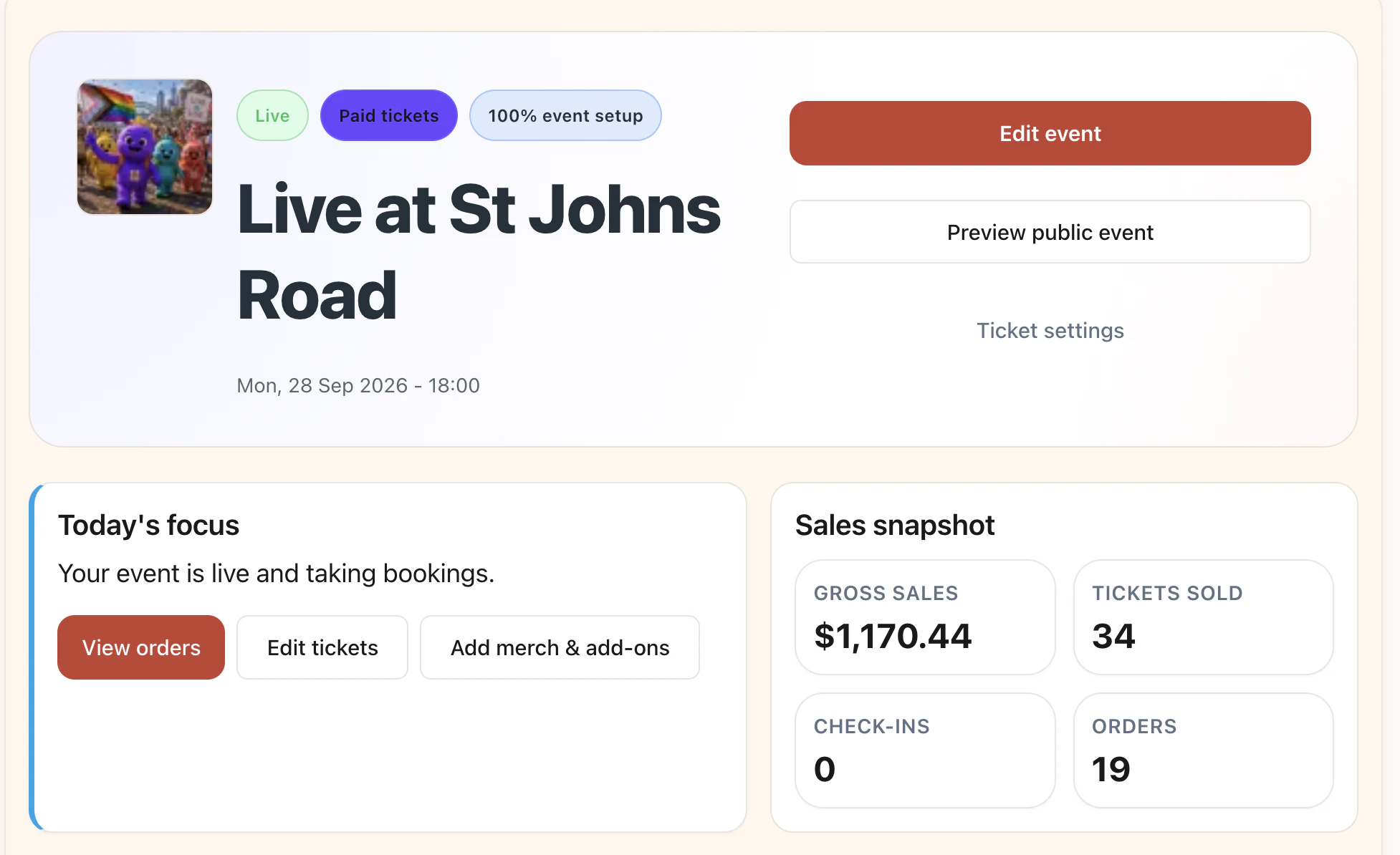 MyEventLane Event Studio showing a live paid event, event controls and a sales snapshot with tickets sold, check-ins and orders.
