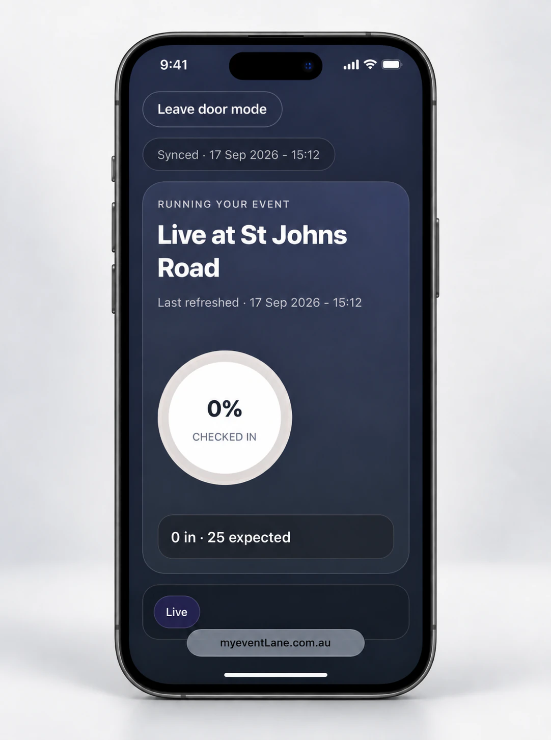 MyEventLane event-day check-in displayed in a phone frame, showing sync status, check-in progress and 25 expected attendees.
